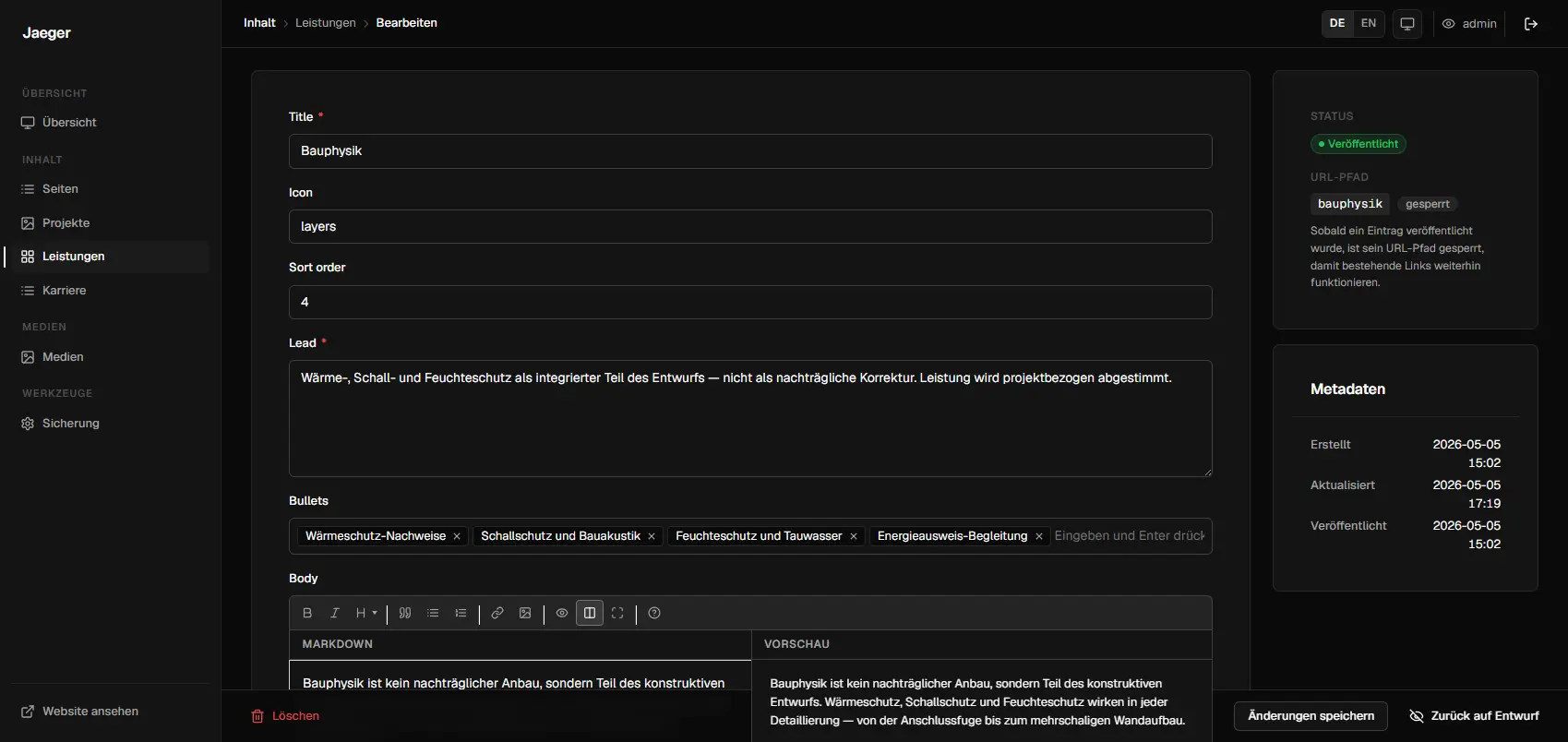 Jaeger-Admin: Bearbeitungsformular einer Leistung mit Eingabefeldern, Bullet-Tags und Markdown-Editor inklusive Vorschau.